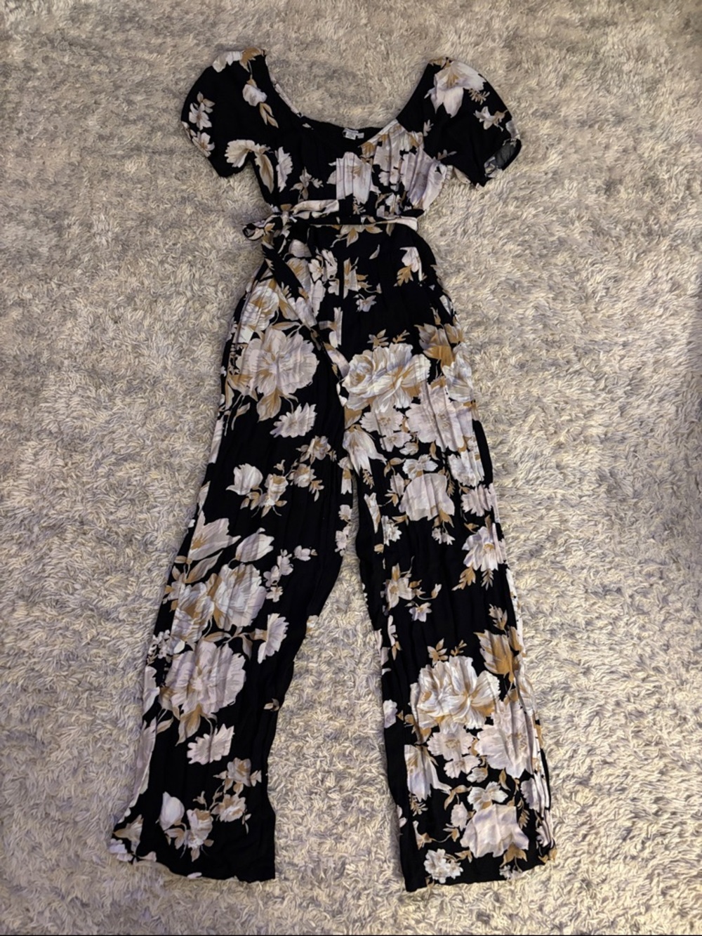 Floral Off-Shoulder Wide-Leg Jumpsuit in Black